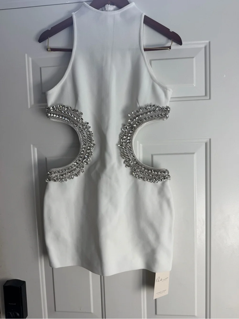 Lenticor Sleeveless Cutout Crystal Mini Dress In White